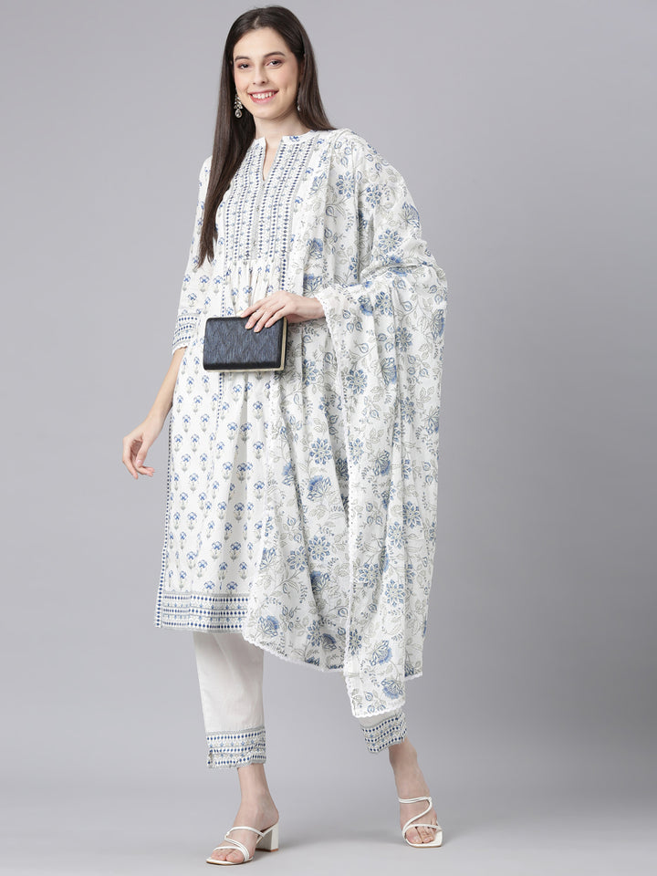 Neerus Blue Printed Straight Kurta and Trousers With Dupatta