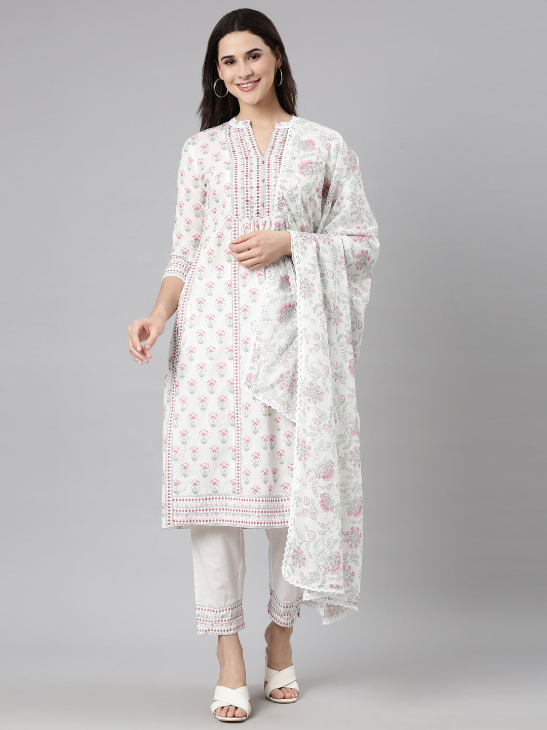 Neerus Pink cotton printed suit set - front view