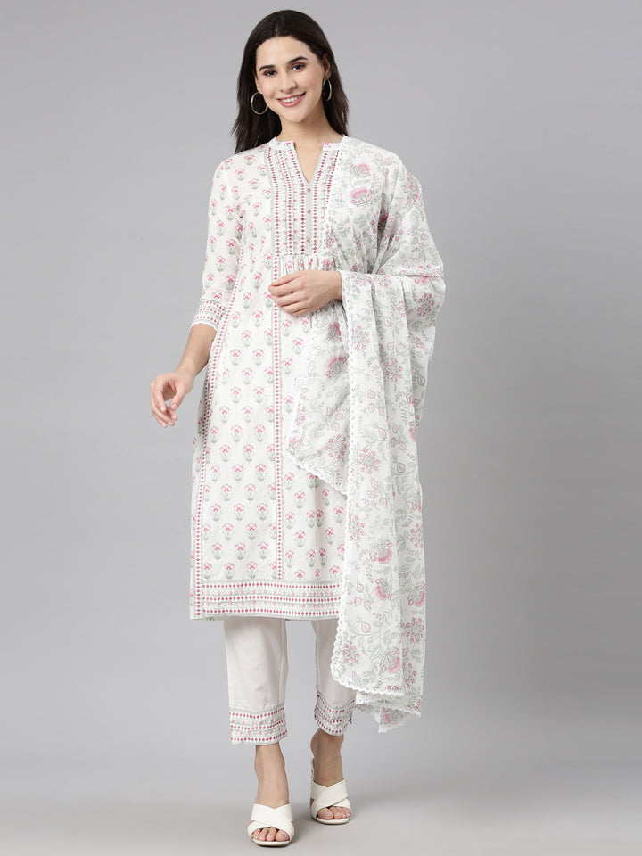 Neerus Pink cotton printed suit set - front view