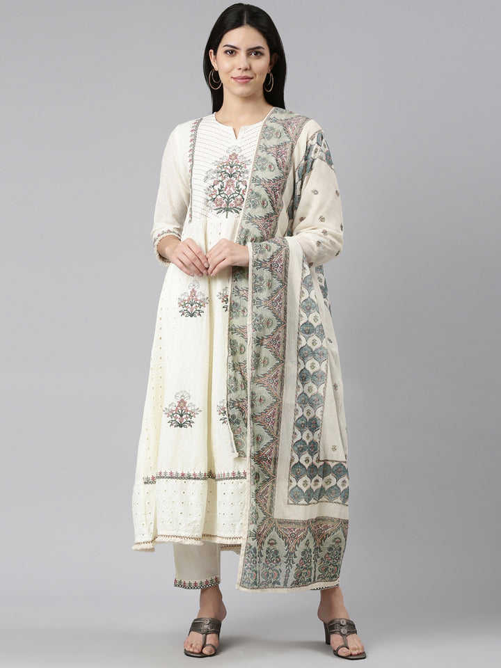 Neerus Cream Regular Straight Embroidered Readymade suits