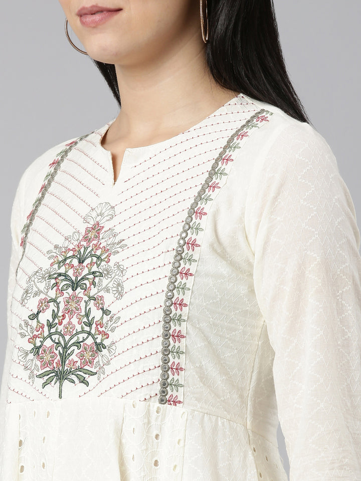 Neerus Cream Regular Straight Embroidered Readymade suits
