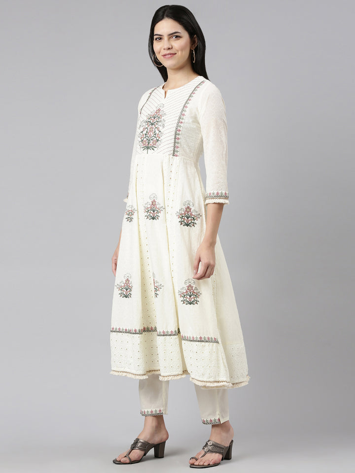Neerus Cream Regular Straight Embroidered Readymade suits