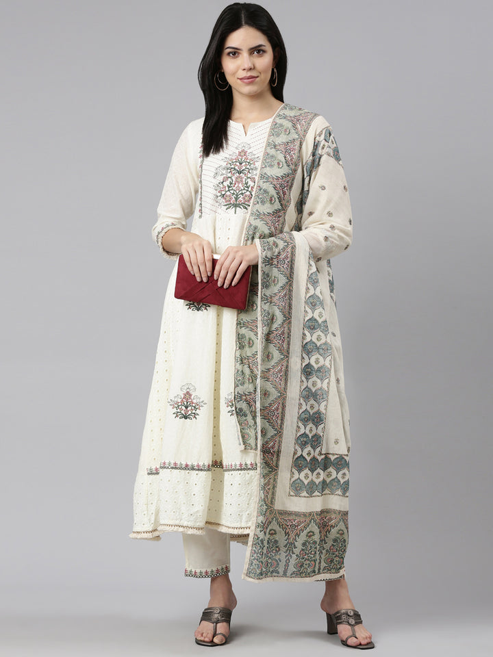 Neerus Cream Regular Straight Embroidered Readymade suits
