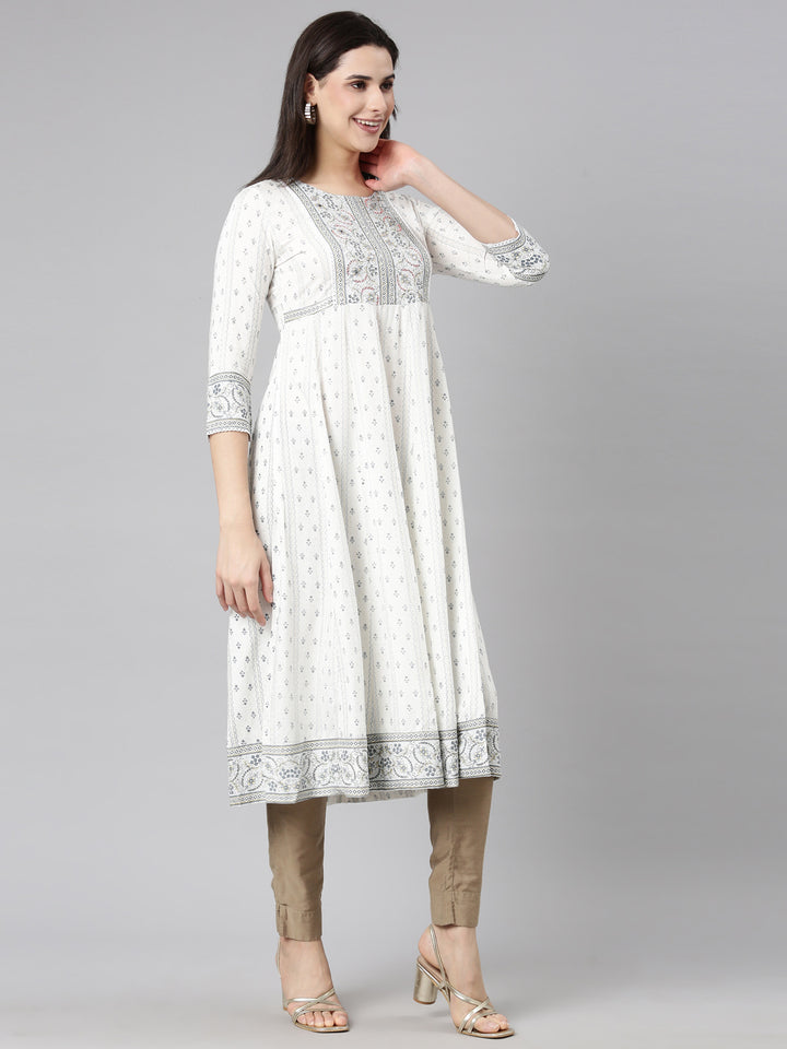 Neerus White slub cotton printed anarkali kurti - front view