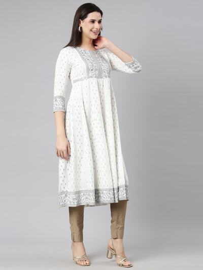 Neerus Off White Regular Anarkali Floral Kurtas