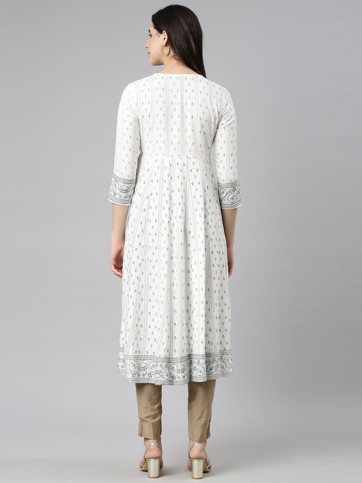 Neerus White slub cotton printed anarkali kurti - back view