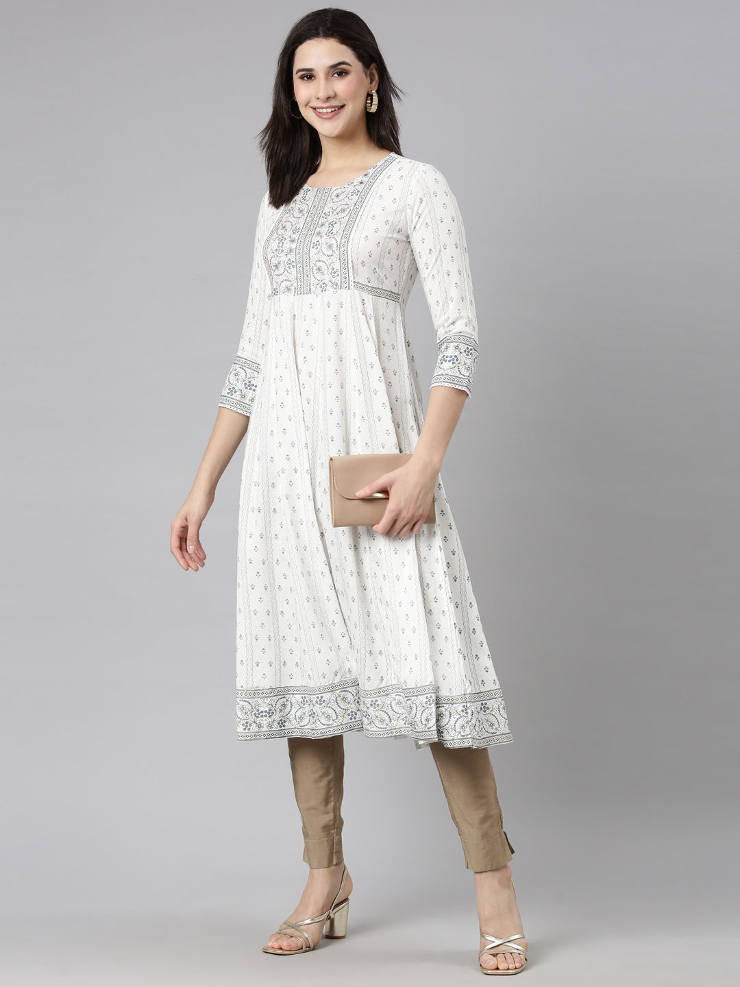 Neerus White slub cotton printed anarkali kurti - side view