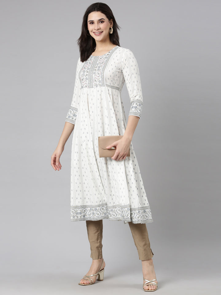 Neerus White slub cotton printed anarkali kurti - side view