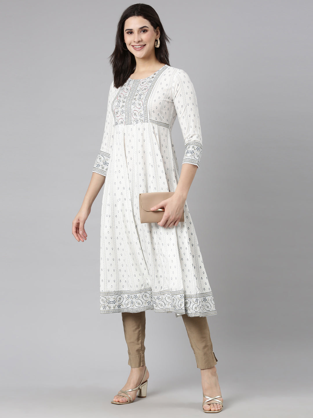 Neerus Off White Regular Anarkali Floral Kurtas