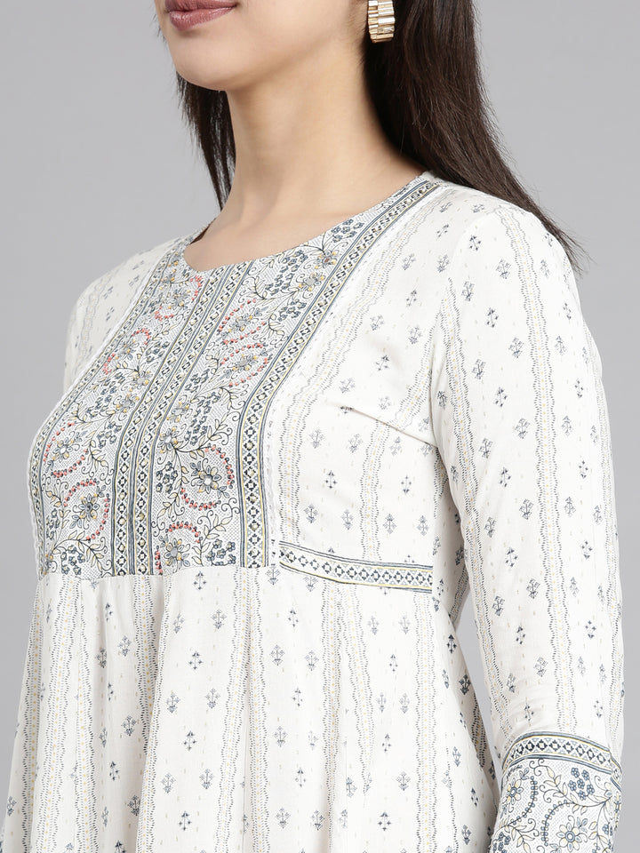 Neerus White slub cotton printed anarkali kurti - detail view 1