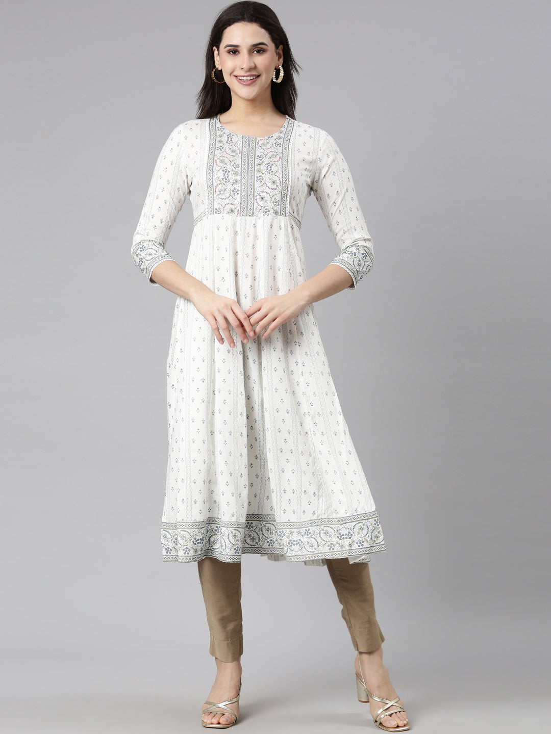 Neerus White slub cotton printed anarkali kurti - detail view 2
