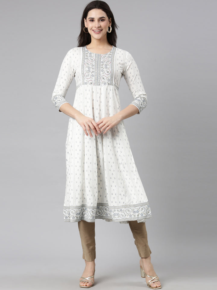 Neerus White slub cotton printed anarkali kurti - detail view 2