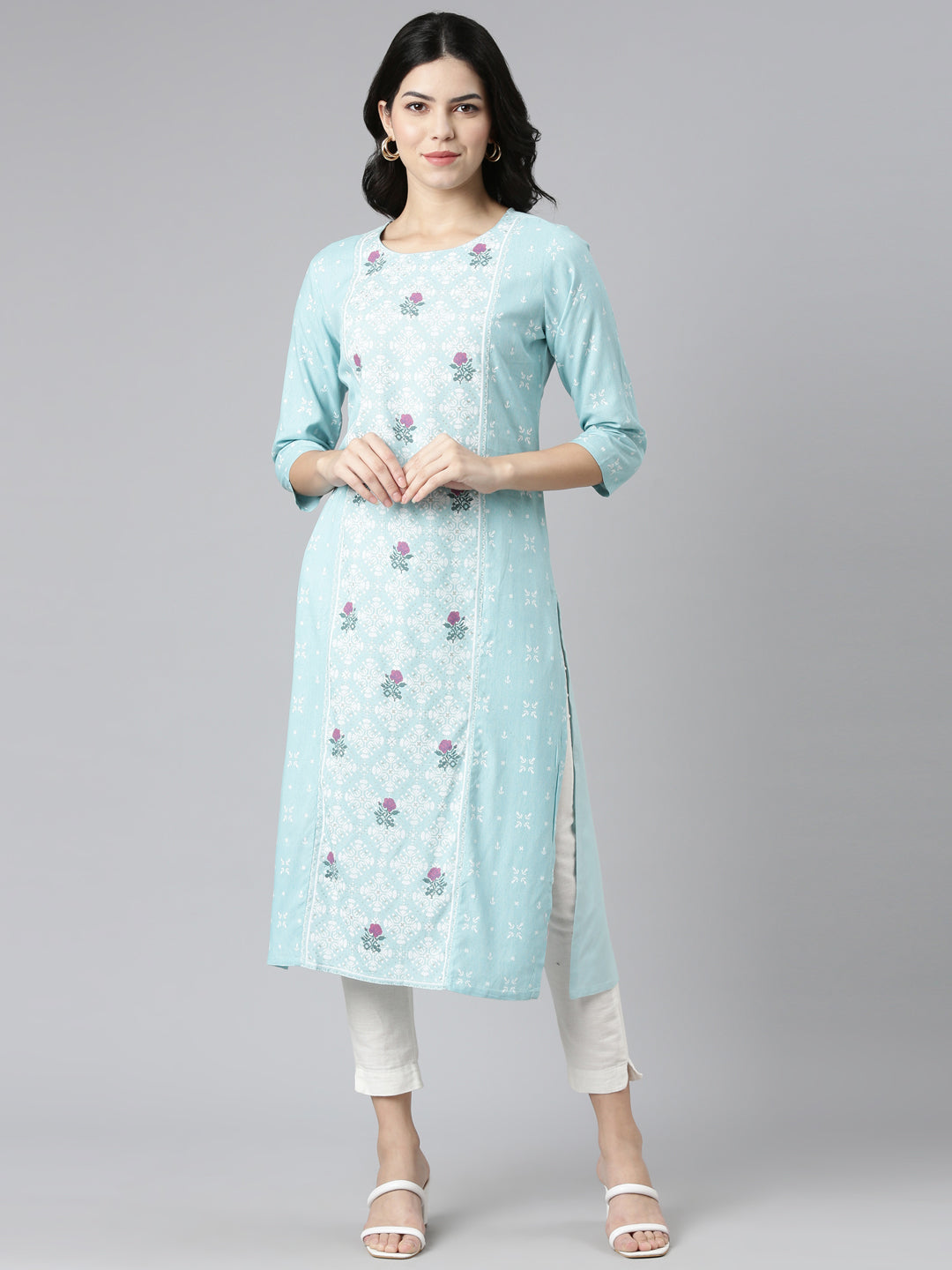 Neerus Blue printed straight kurti - front view