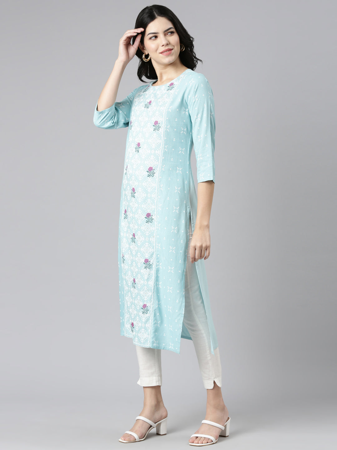 Neerus Blue printed straight kurti - back view