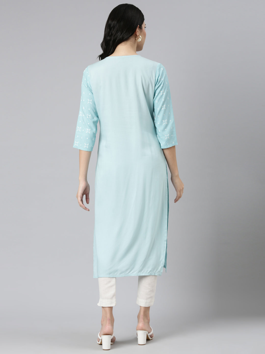Neerus Blue printed straight kurti - side view