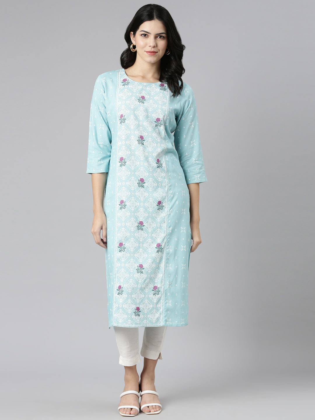 Neerus Blue printed straight kurti - detail view 2