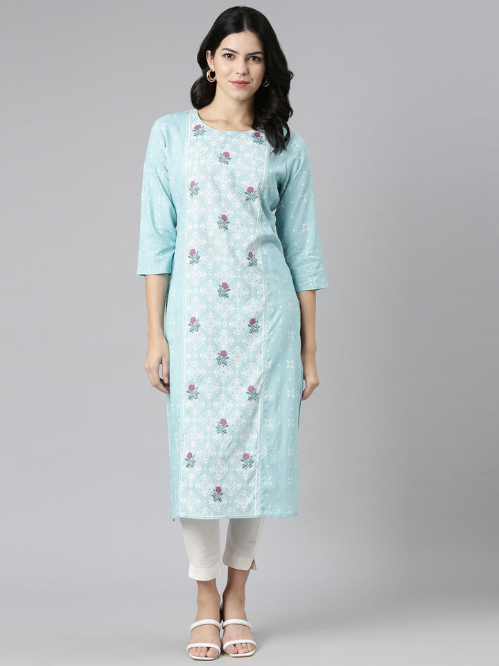 Neerus Blue printed straight kurti - detail view 2