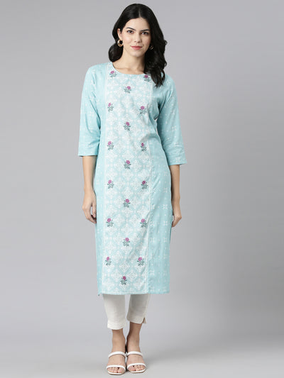 Neerus Blue Regular Straight Printed Kurtas