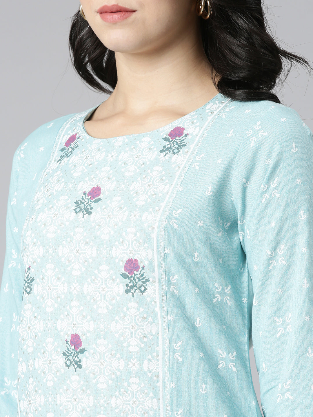 Neerus Blue printed straight kurti - detail view 1