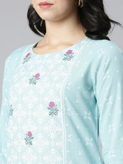 Neerus Blue Regular Straight Printed Kurtas