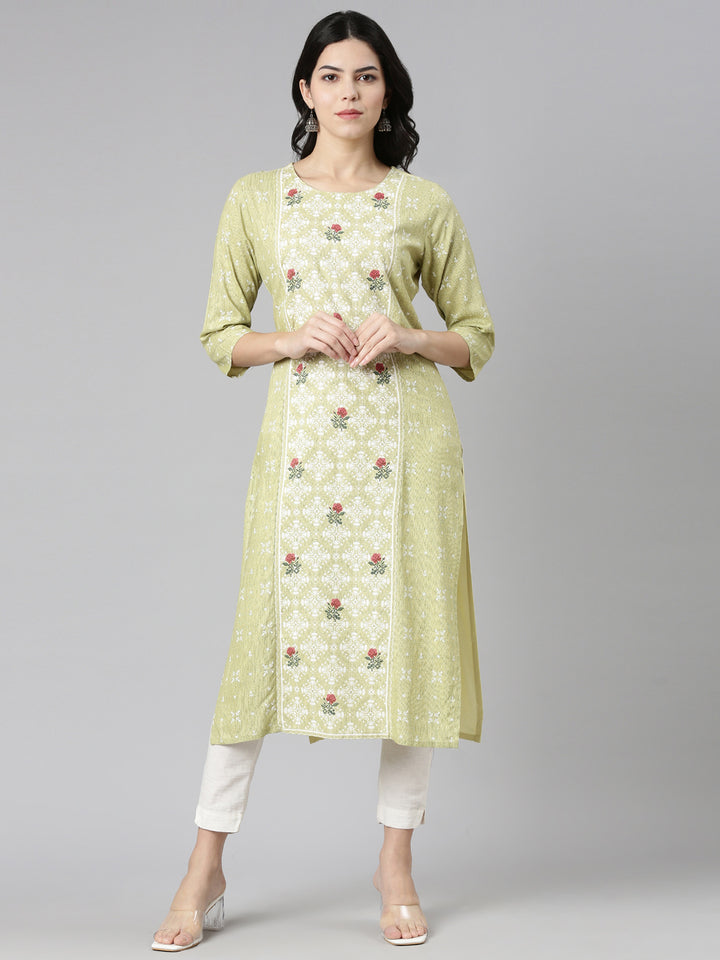 Neerus Green Regular Straight Printed Kurta
