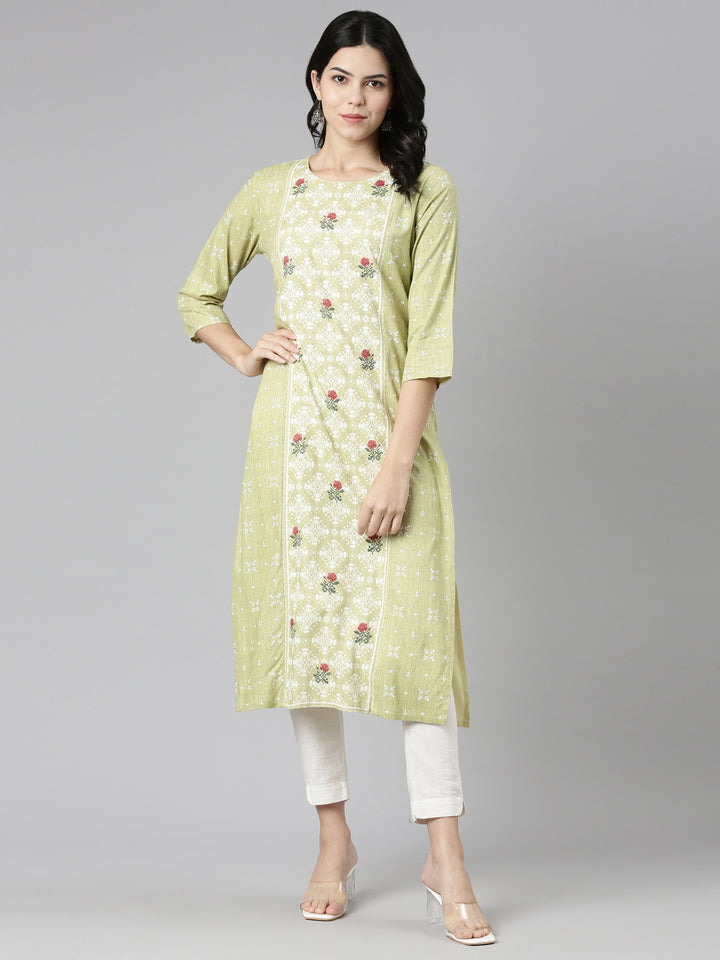 Neerus Green Regular Straight Printed Kurta
