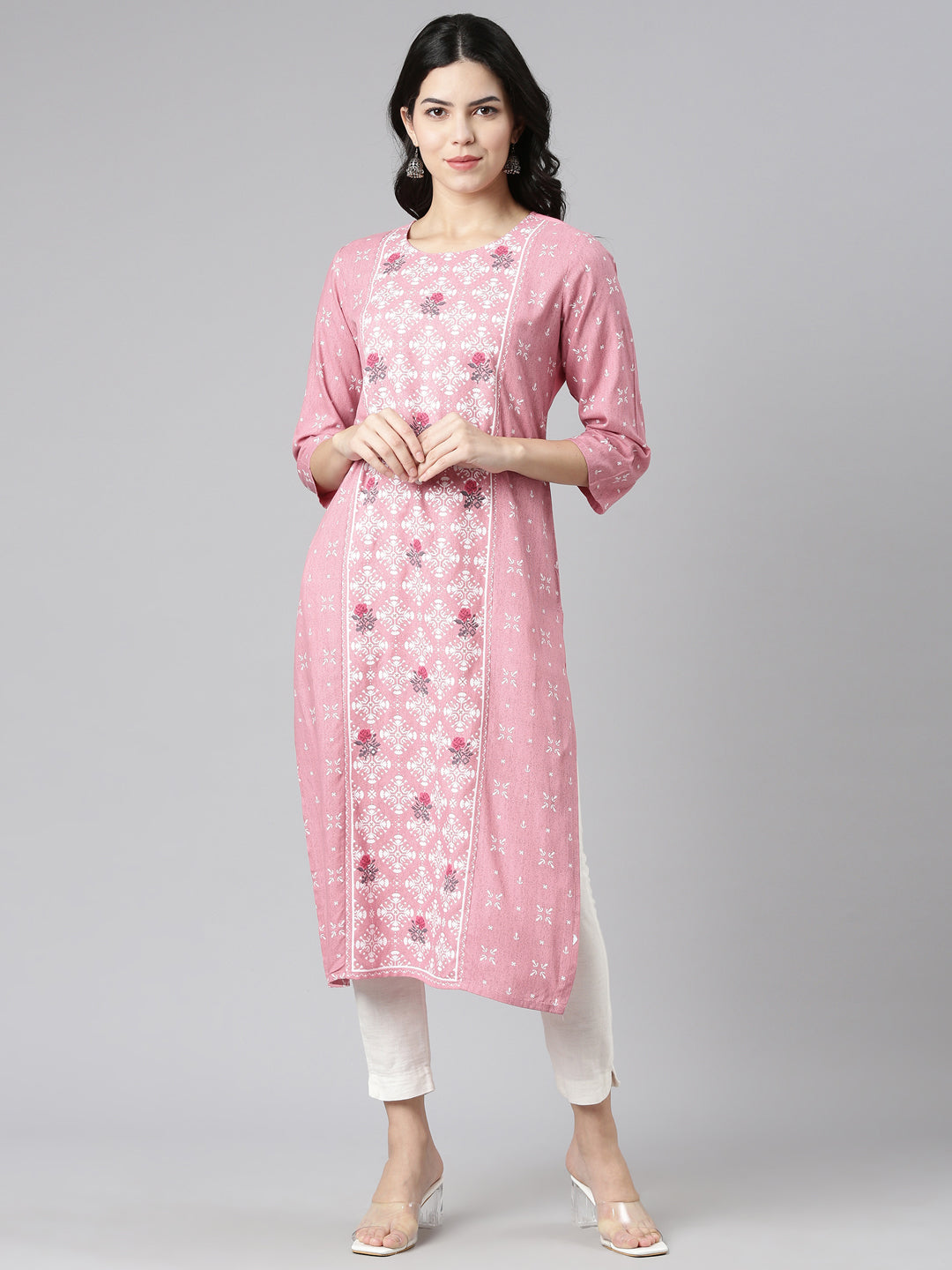 Neerus Pink printed straight kurti - front view