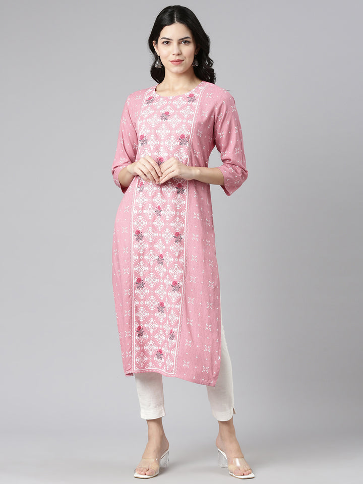 Neerus Pink printed straight kurti - front view