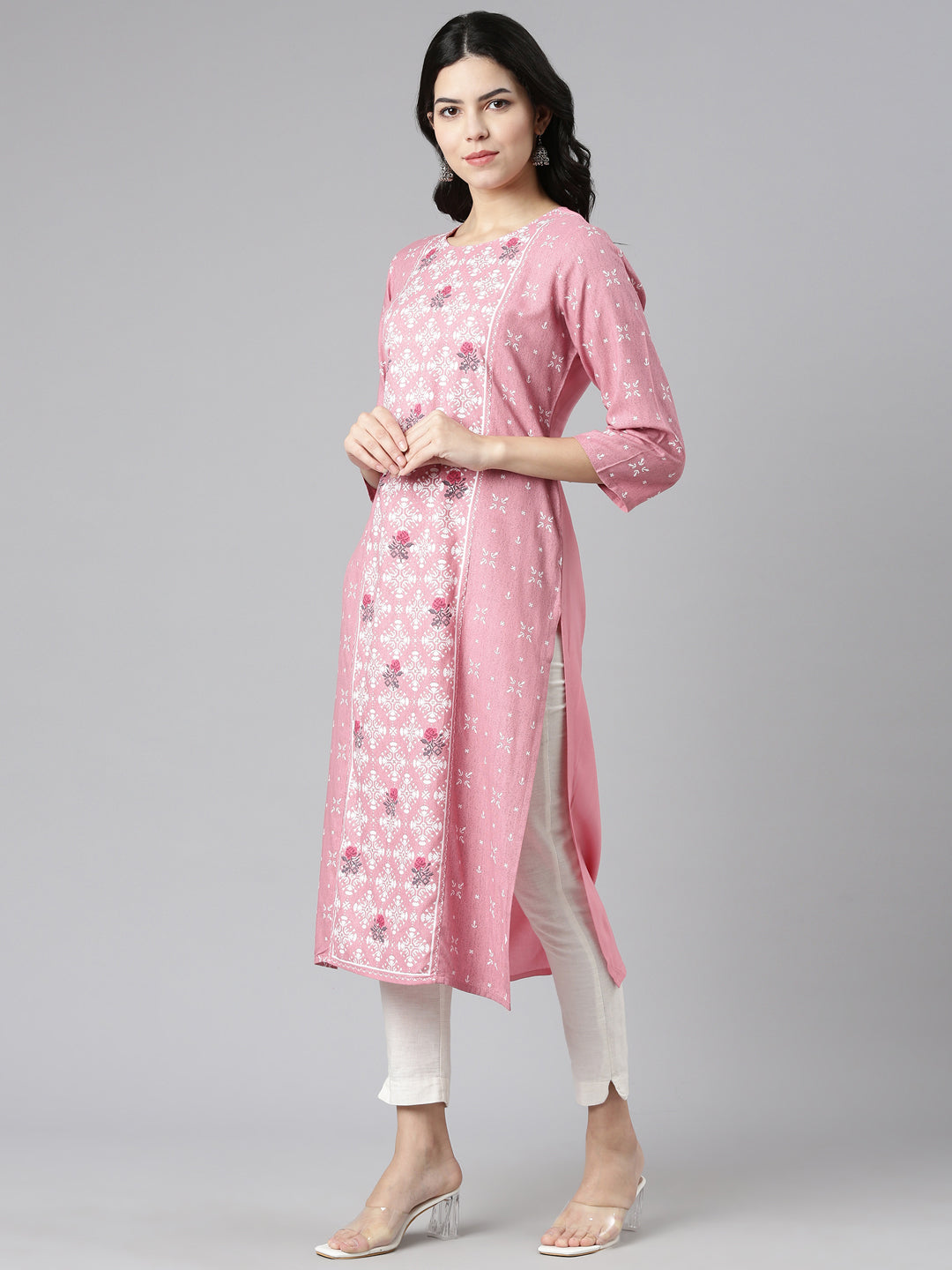 Neerus Pink printed straight kurti - back view