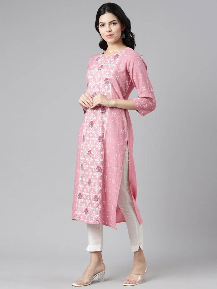 Neerus Pink printed straight kurti - back view
