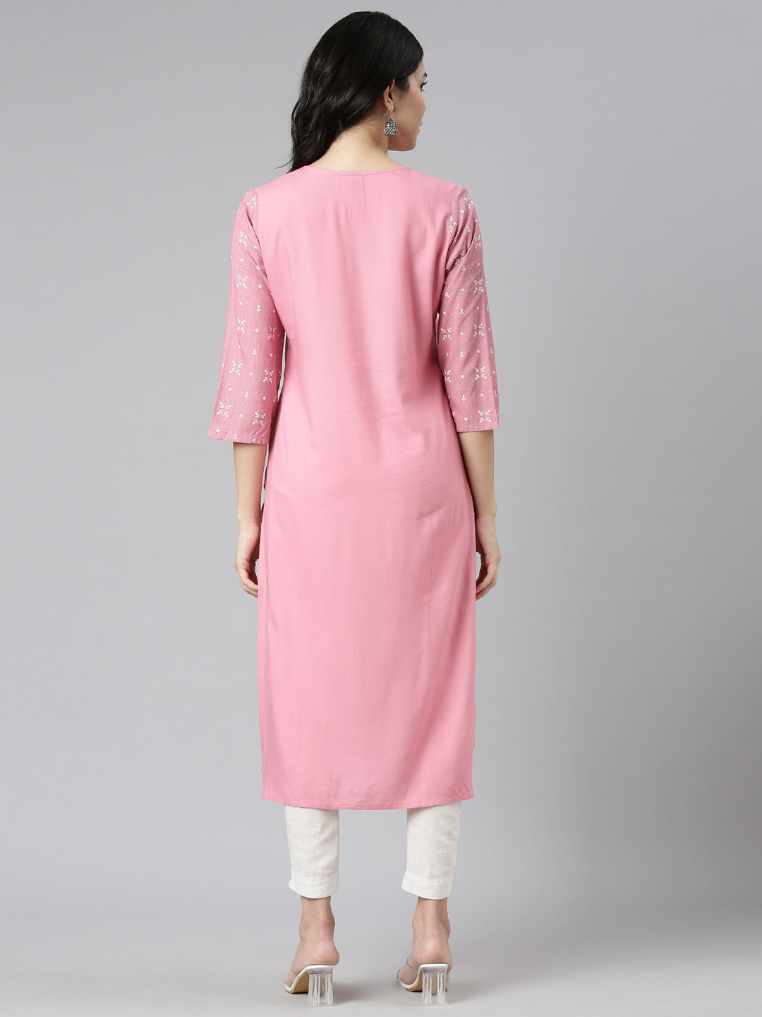 Neerus Pink printed straight kurti - side view