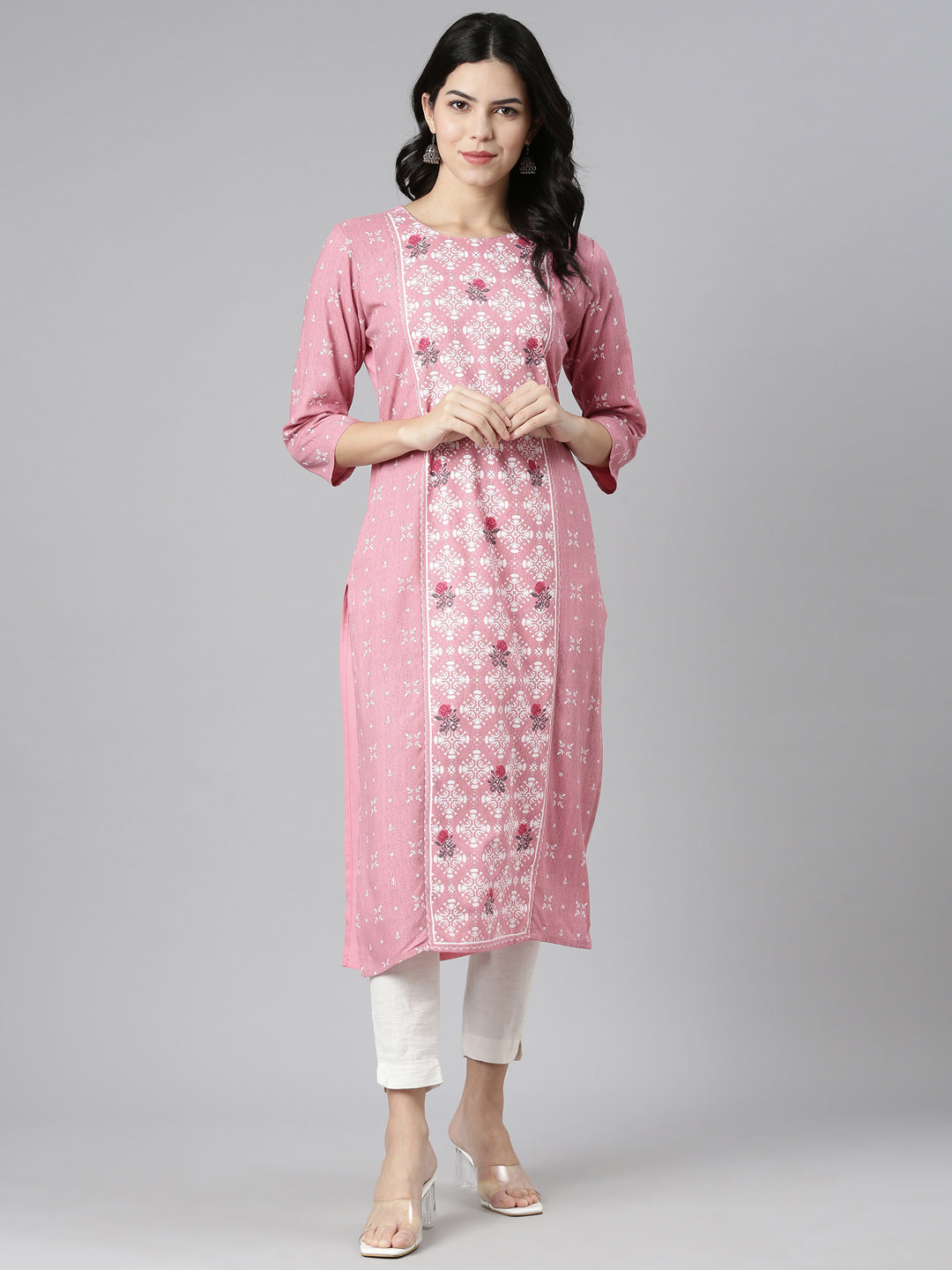 Neerus Pink printed straight kurti - detail view 2