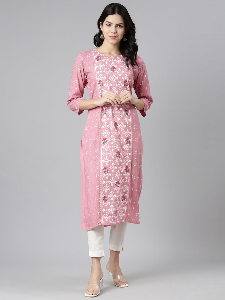 Neerus Pink printed straight kurti - detail view 2