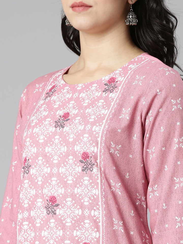 Neerus Pink printed straight kurti - detail view 1
