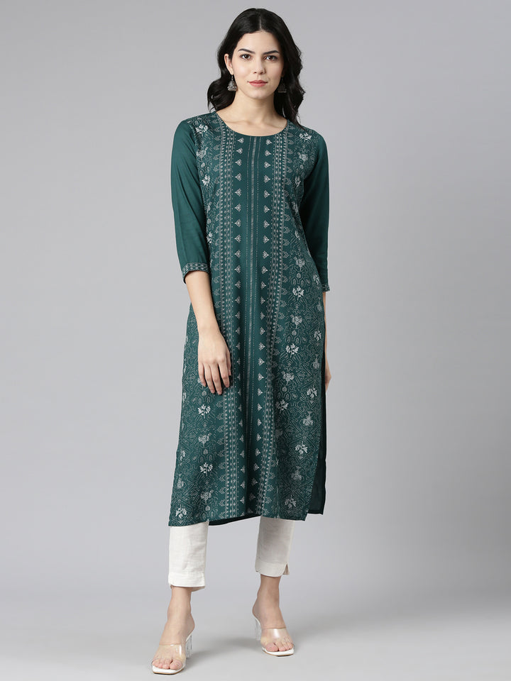 Neerus Green Regular Straight Printed Kurta