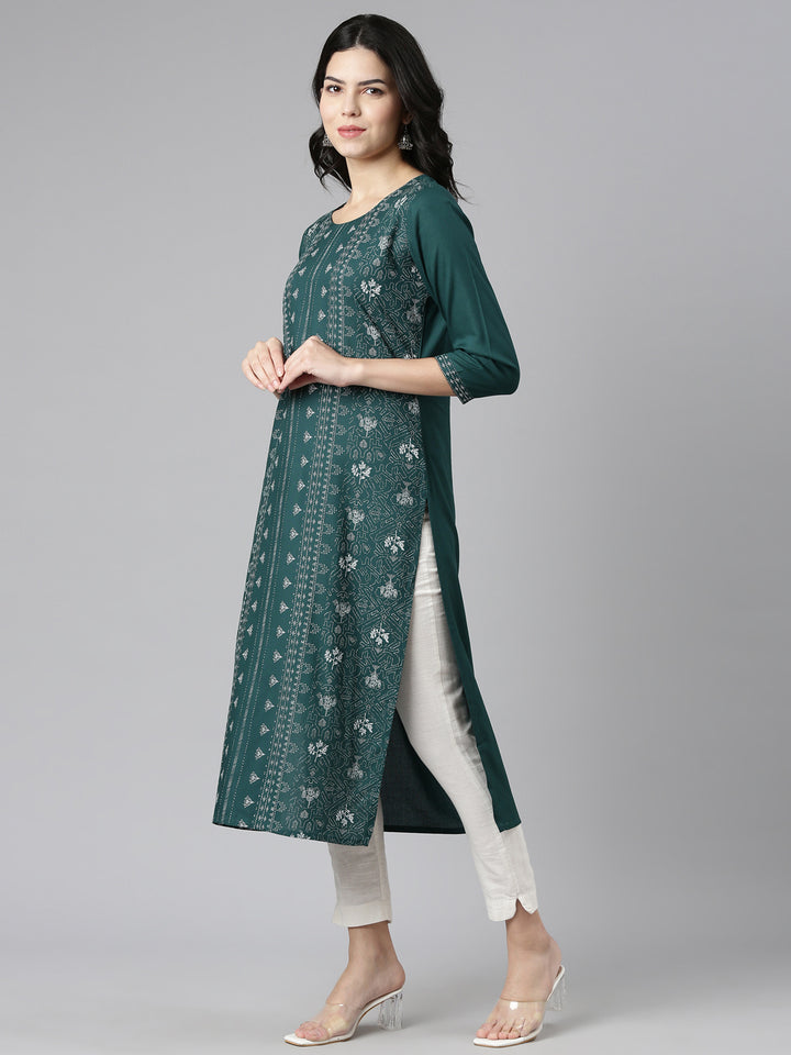 Neerus Green Regular Straight Printed Kurta