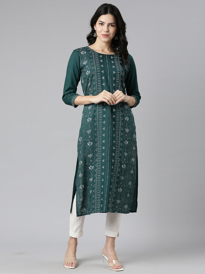 Neerus Green Regular Straight Printed Kurta