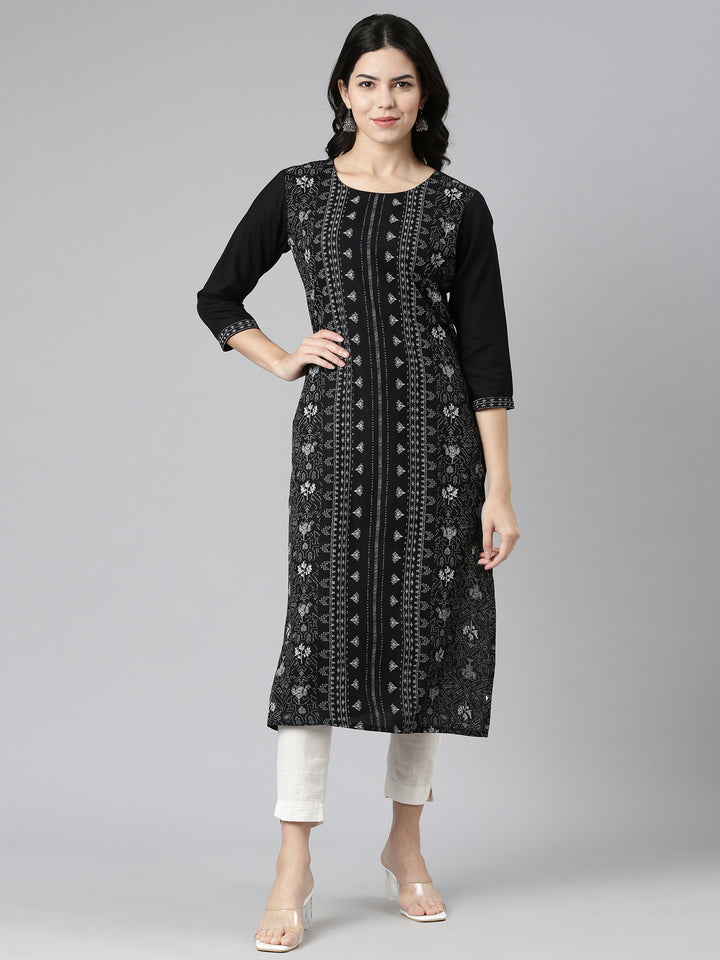 Neerus Black printed straight kurti - front view
