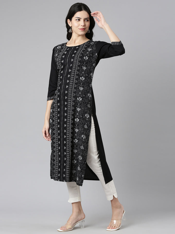 Neerus Black printed straight kurti - back view