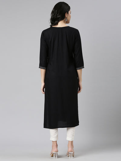 Neerus Black Regular Straight Printed Kurtas