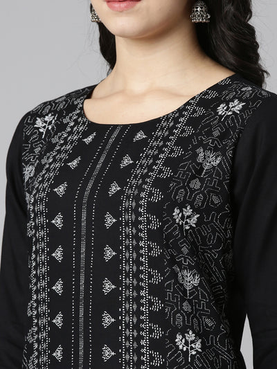 Neerus Black Regular Straight Printed Kurtas