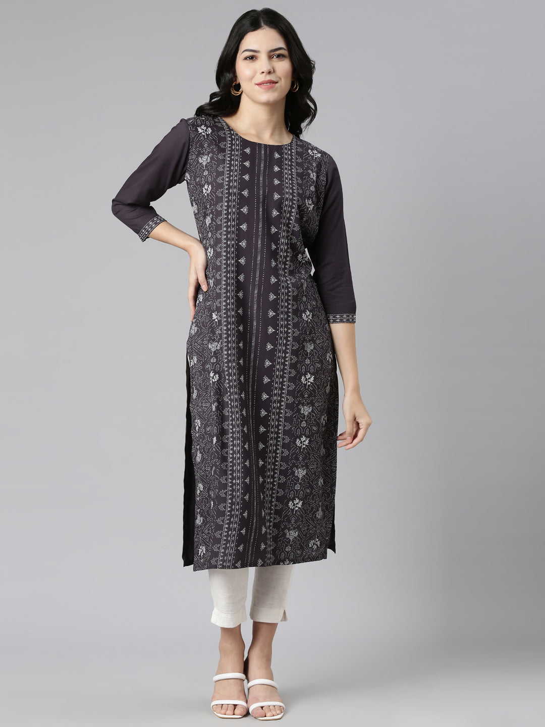 Neerus Grey printed straight kurti - front view