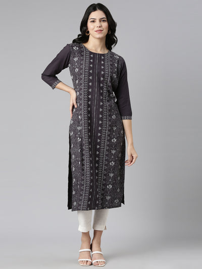 Neerus Grey Regular Straight Printed Kurtas