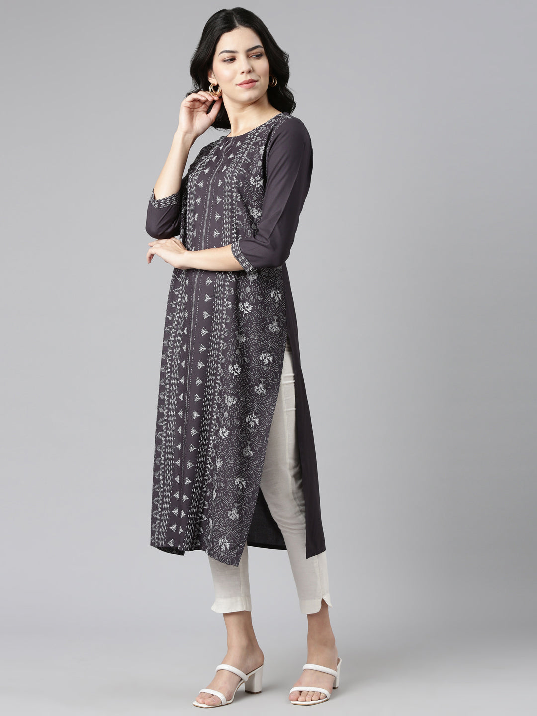 Neerus Grey printed straight kurti - back view