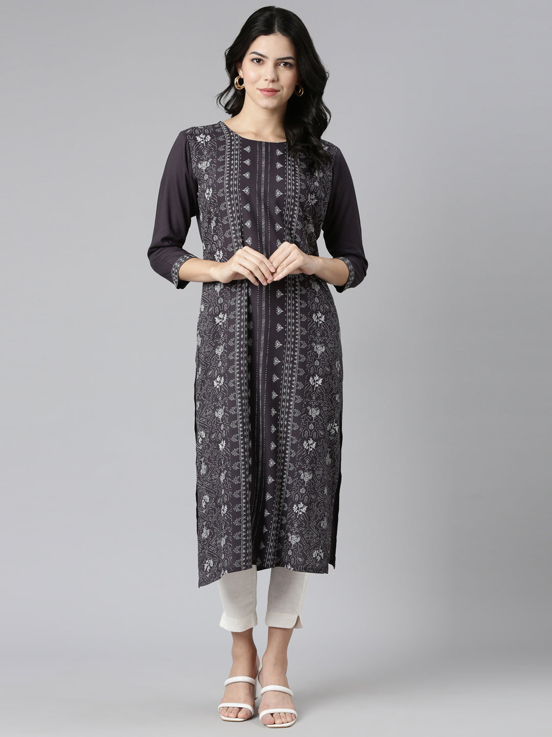 Neerus Grey Regular Straight Printed Kurtas