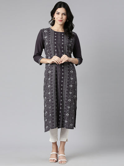 Neerus Grey Regular Straight Printed Kurtas