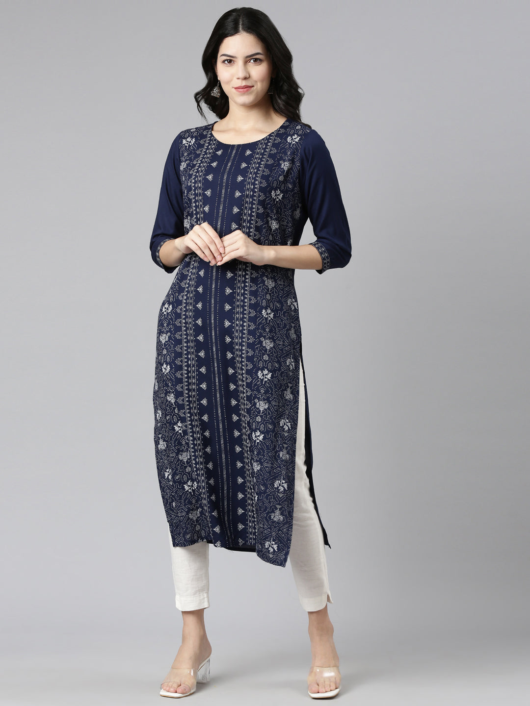 Neerus Blue printed straight kurti - front view