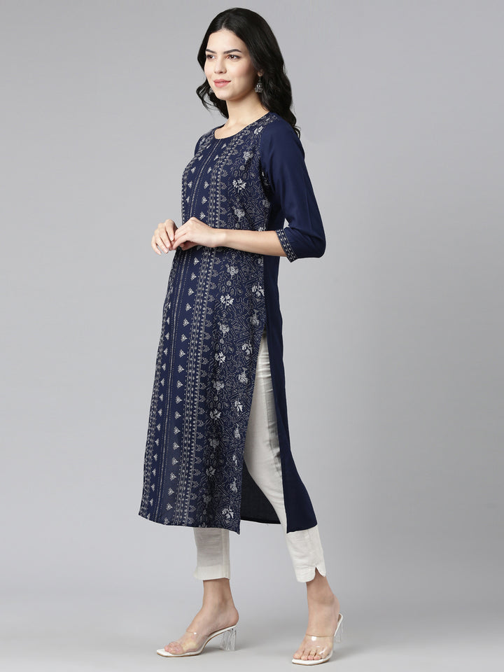 Neerus Blue printed straight kurti - back view