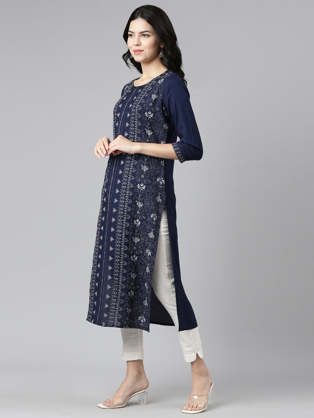Neerus Navy Blue Regular Straight Printed Kurtas