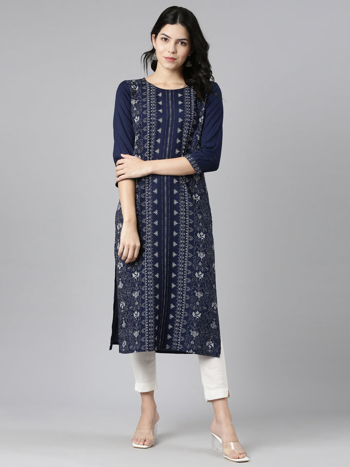 Neerus Blue printed straight kurti - detail view 2
